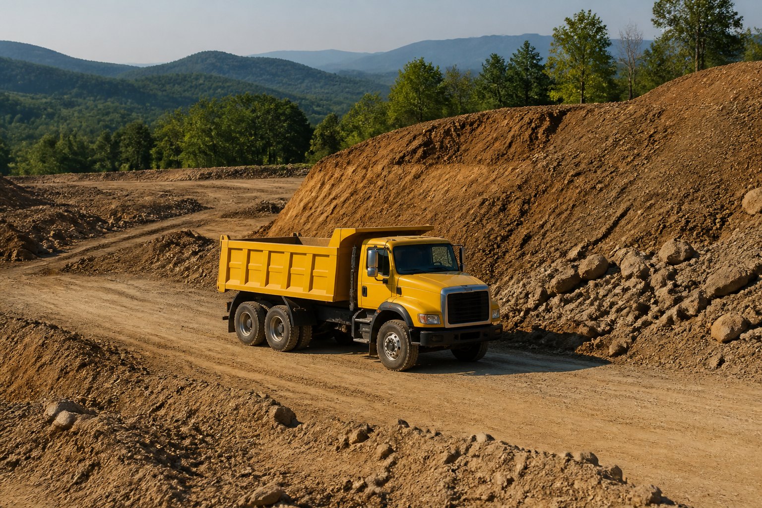 Call Hoskins Digging LLC for excavation and dump truck services Dump truck hauling excavated earth on a Harlan County, Kentucky job site