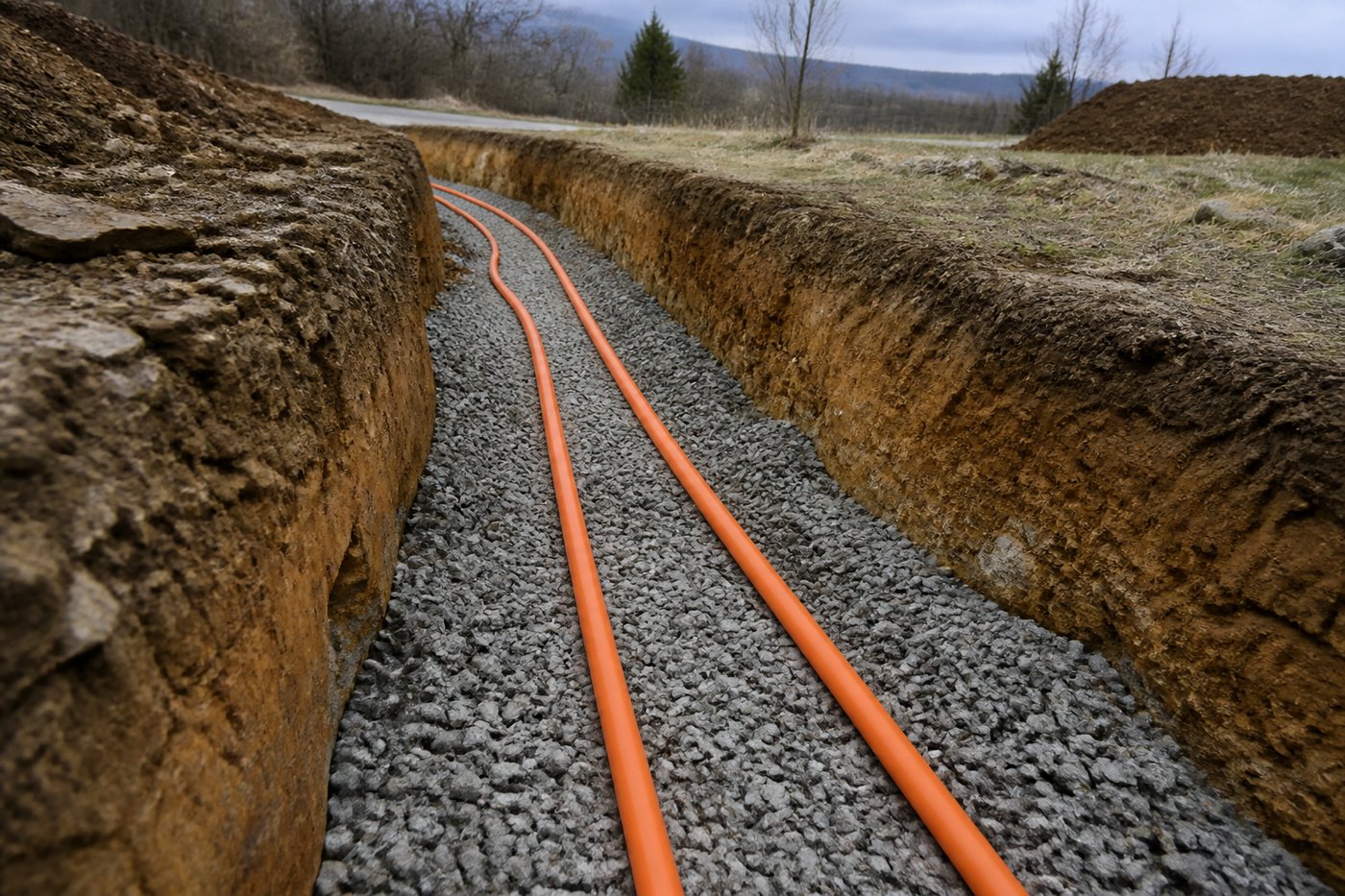 Underground utility excavation with conduit and gravel bedding in Harlan County, KY Underground utility excavation with conduit and gravel bedding in Harlan County, KY