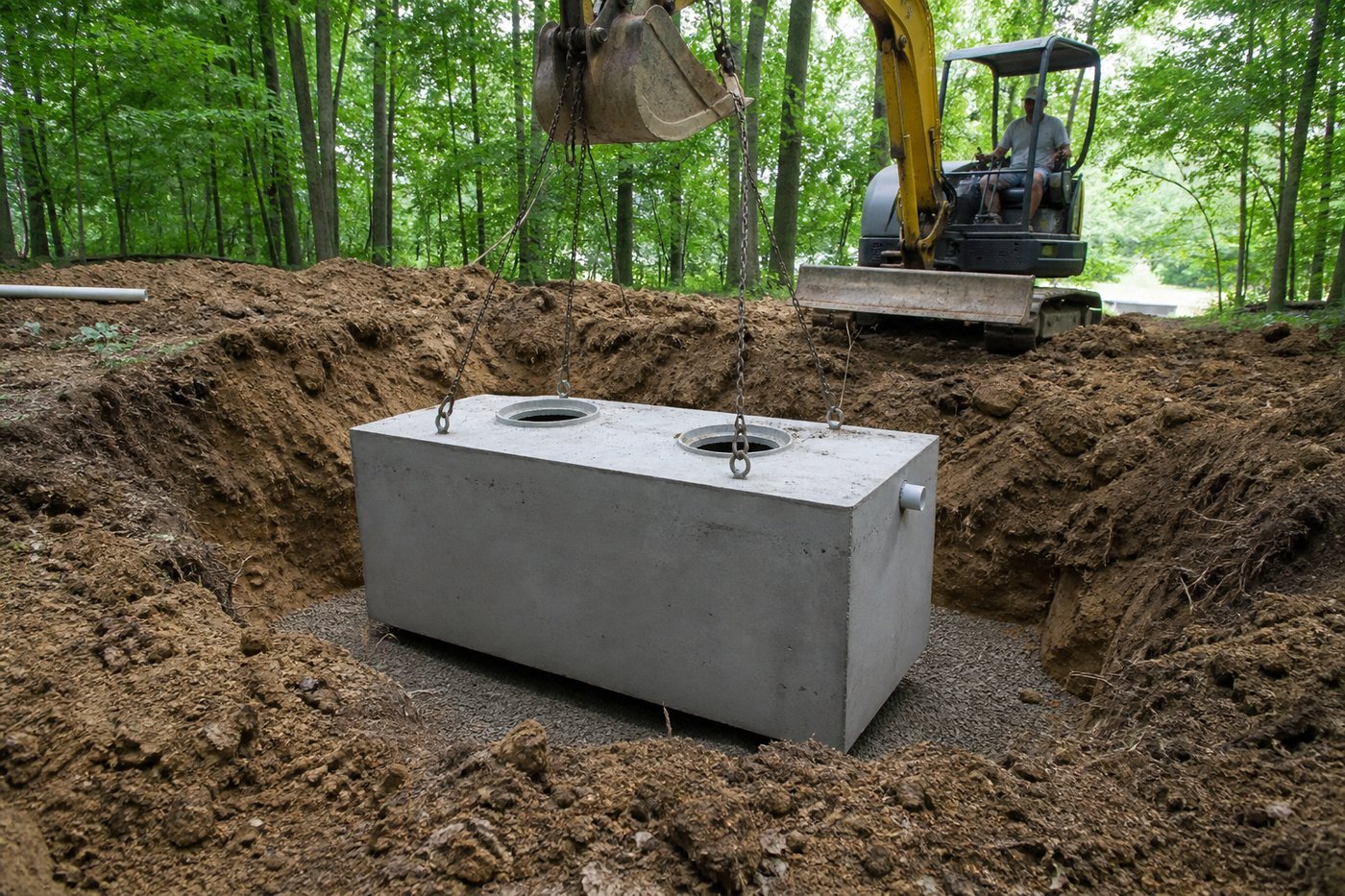 Septic tank excavation and installation on a wooded lot in Bledsoe, KY Septic tank excavation and installation on a wooded lot in Bledsoe, KY