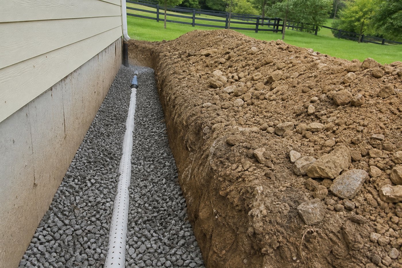 French drain excavation along a foundation in Harlan County, Kentucky French drain excavation along a foundation in Harlan County, Kentucky