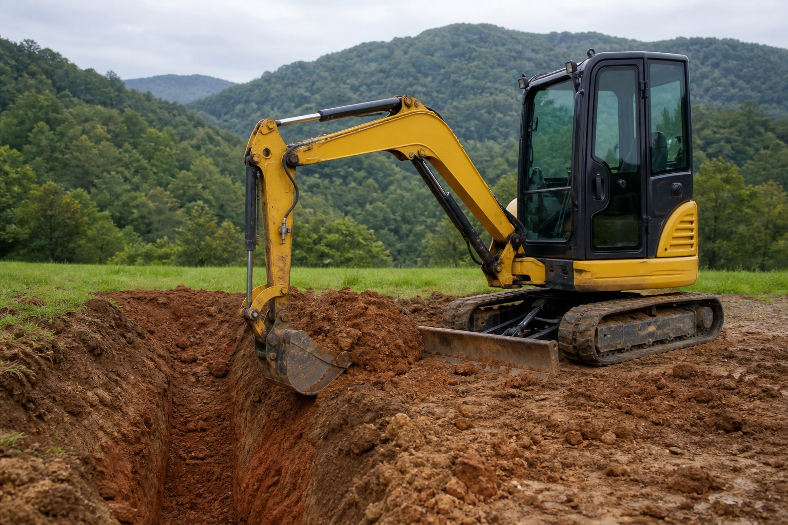 Excavating contractor Bledsoe, KY — Hoskins Digging LLC equipment Mini excavator trenching on a rural job site for Excavating contractor Bledsoe, KY